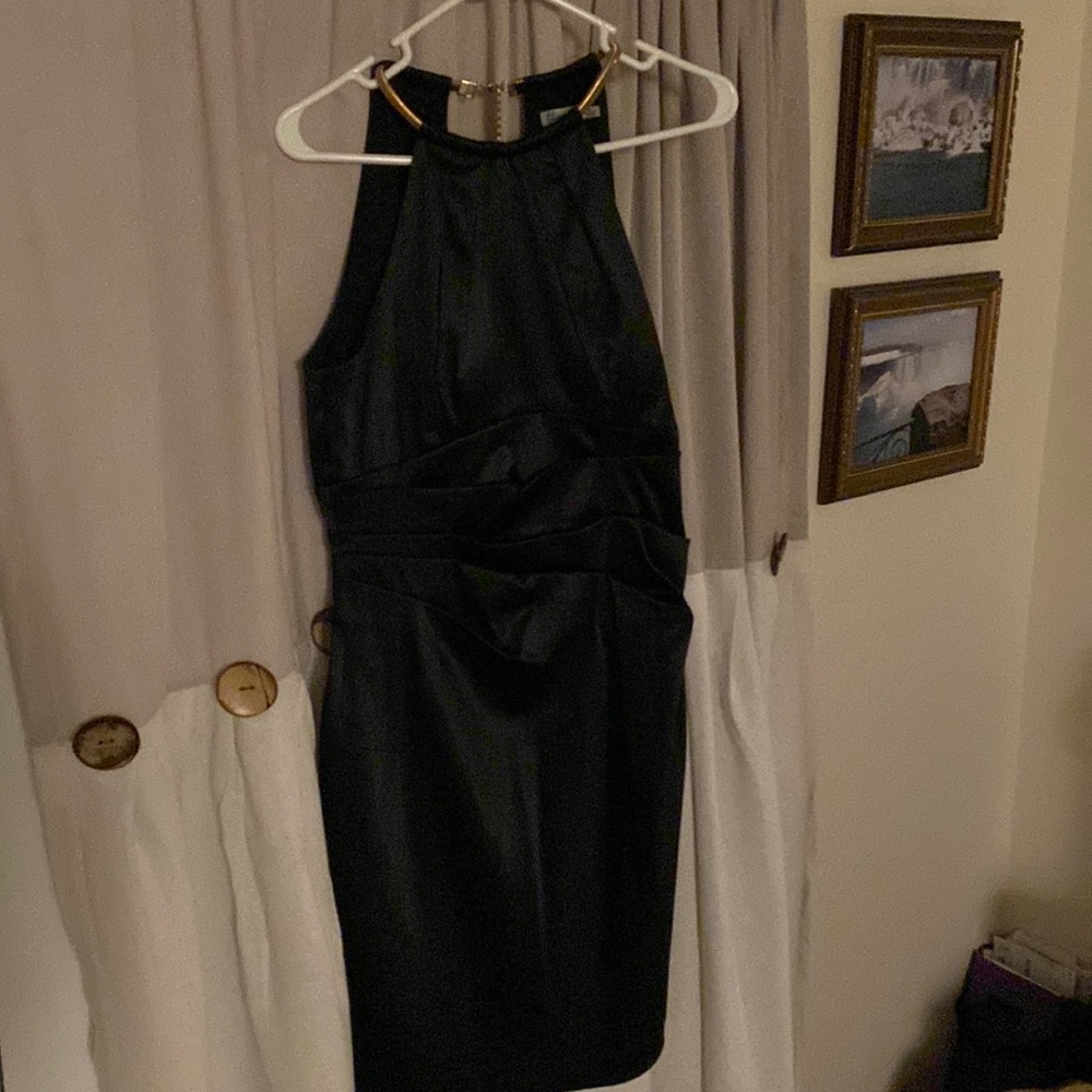 Eliza J Black satin dress halter style gold chain neckline